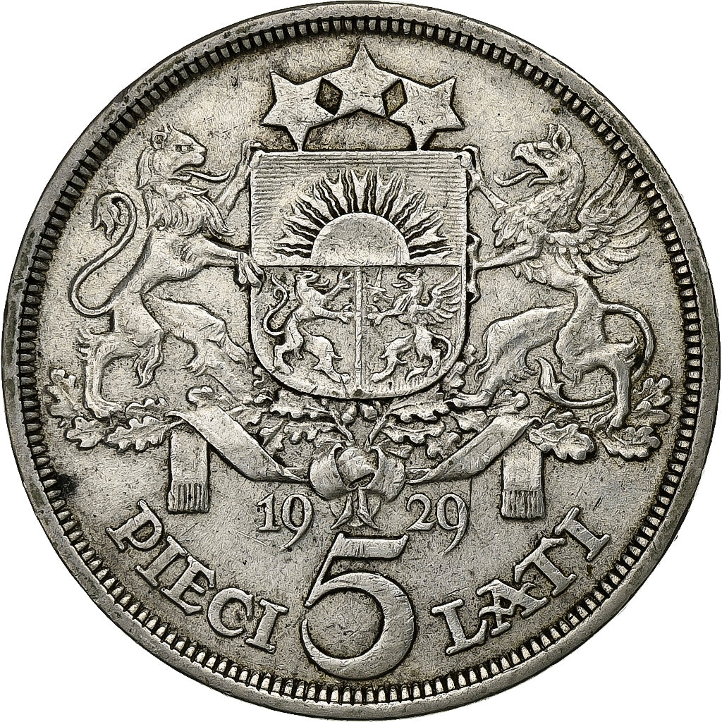 Letónia, 5 Lati, 1929, Prata, EF(40-45), KM:9