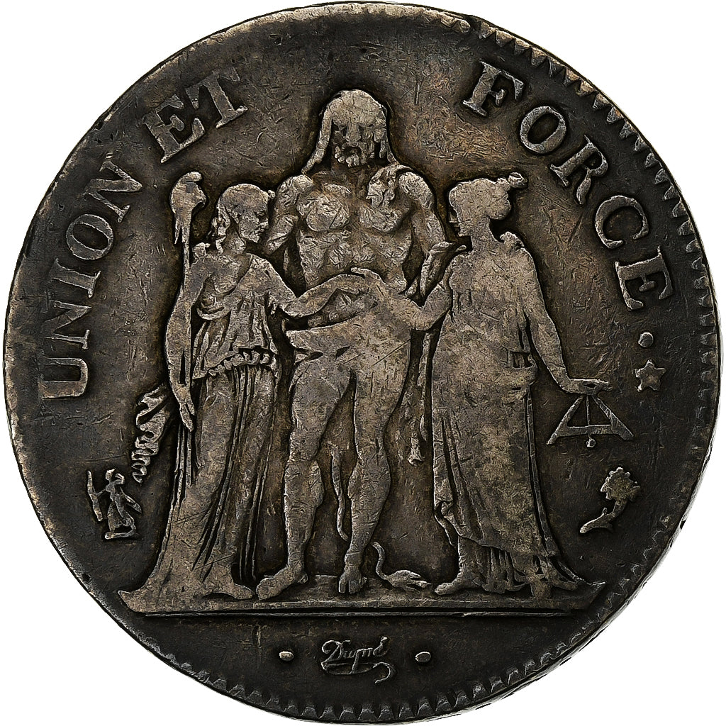France, 5 Francs, Union et Force, AN 4 (1795-96), Paris, Silver, VF(20-25)