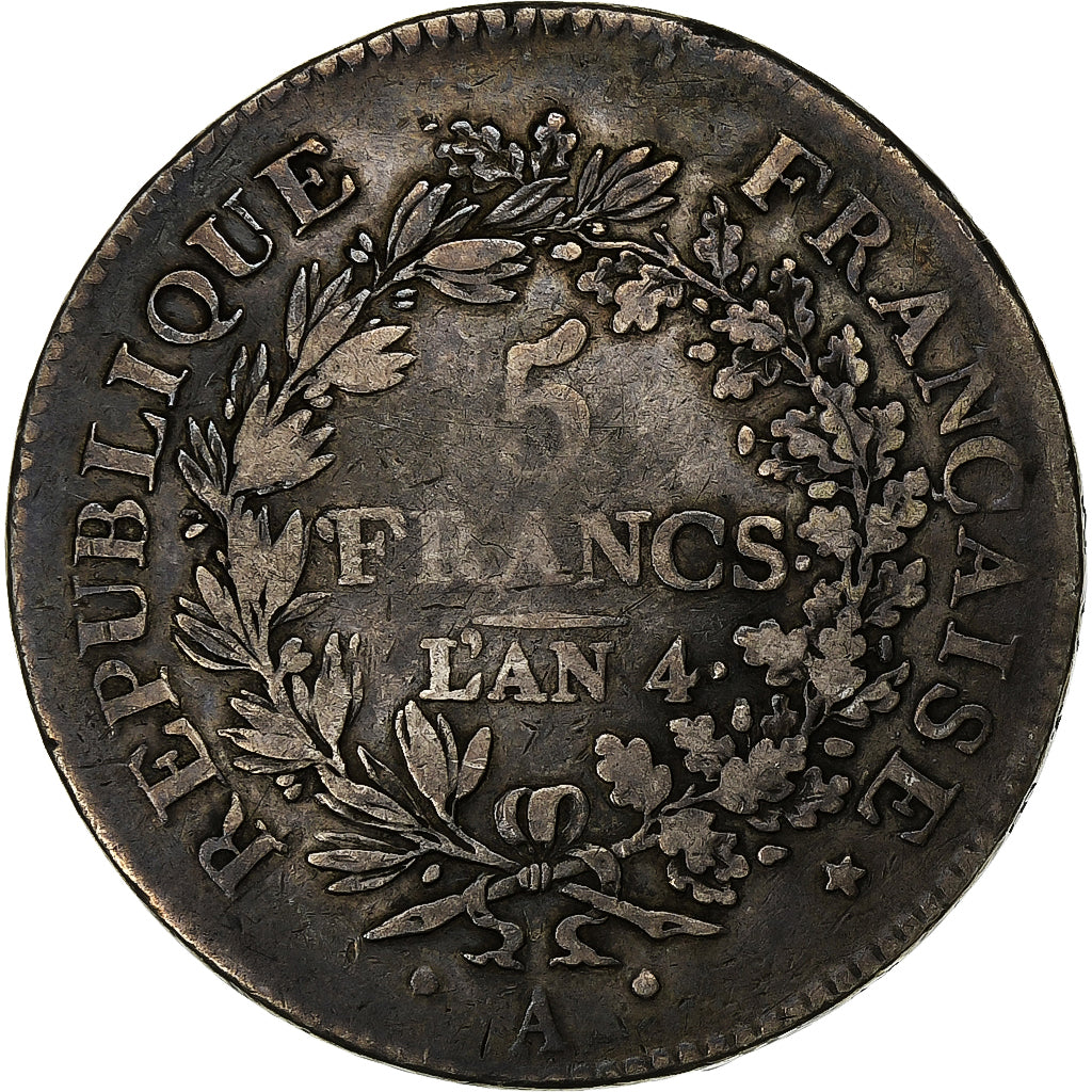 France, 5 Francs, Union et Force, AN 4 (1795-96), Paris, Silver, VF(20-25)
