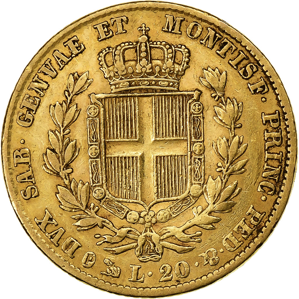 DEPARTAMENTY WŁOSKIE, SARDINIA, Carlo Alberto, 20 Lire, 1845, Genoa, Złoto