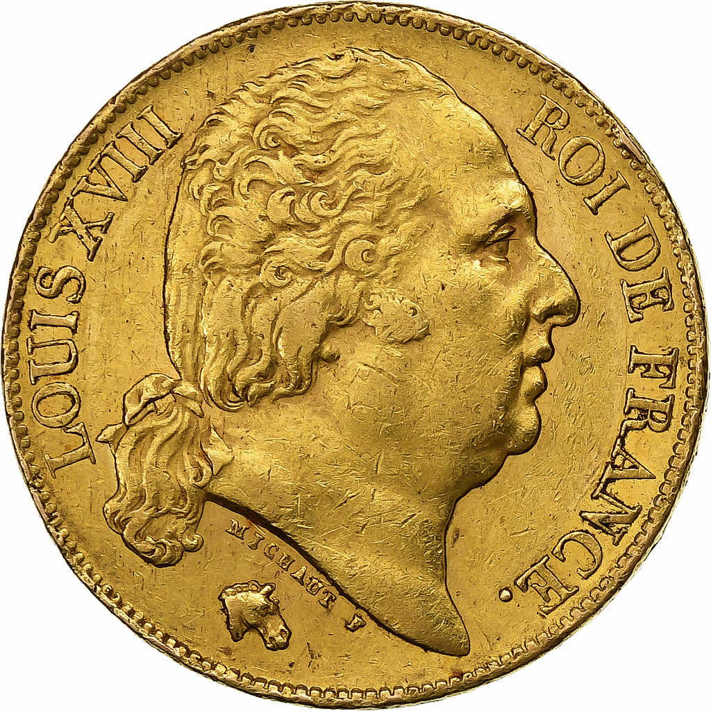 France, Louis XVIII, 20 Francs, 1822, Paris, Gold, AU(50-53), Gadoury:1028