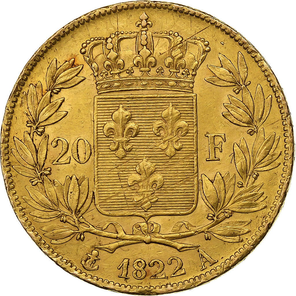 France, Louis XVIII, 20 Francs, 1822, Paris, Gold, AU(50-53), Gadoury:1028