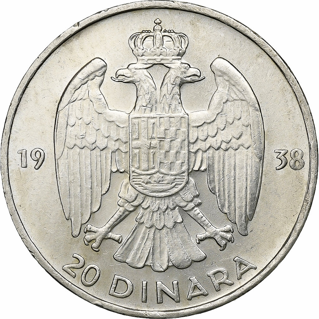 Yugoslavia, Petar II, 20 Dinara, 1938, Silver, AU(55-58), KM:23