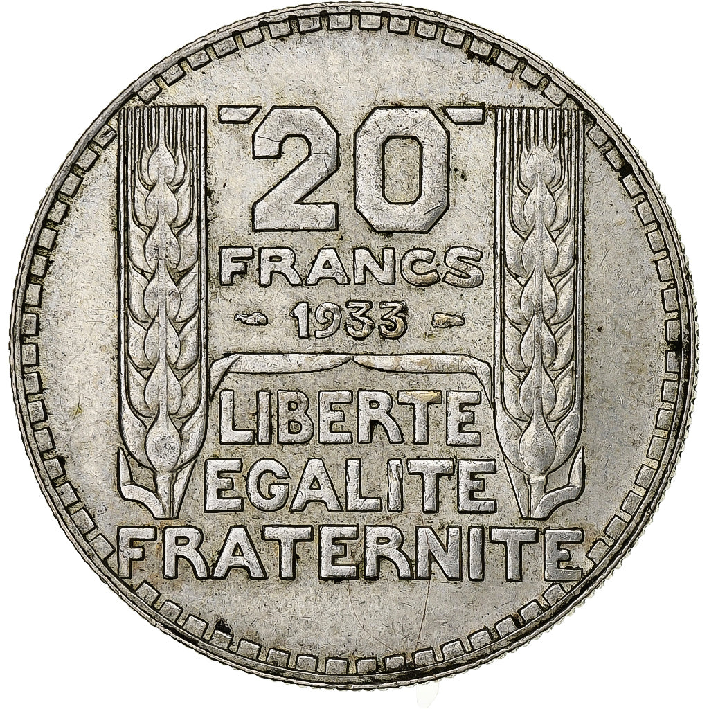 France, 20 Francs, Turin, 1933, Paris, Rameaux longs, Silver, EF(40-45)