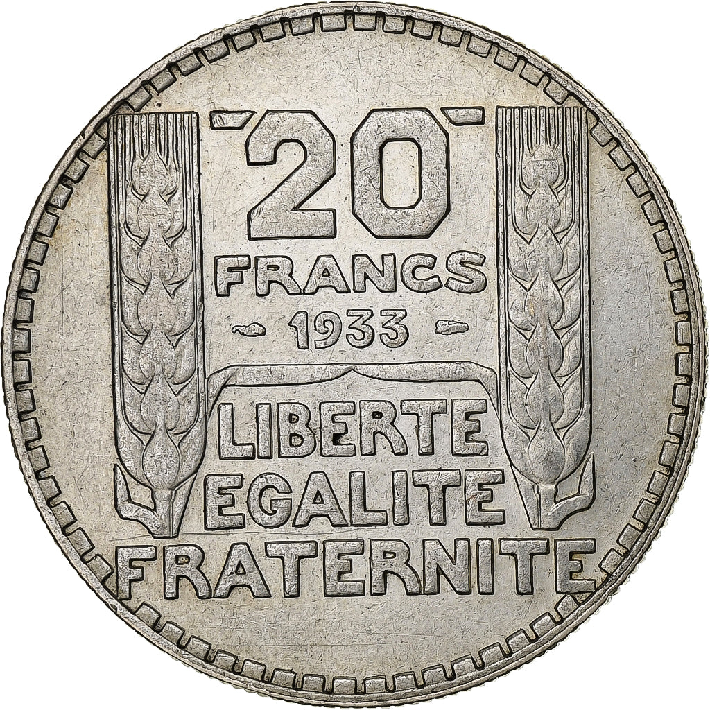France, 20 Francs, Turin, 1933, Paris, Rameaux longs, Silver, AU(50-53)