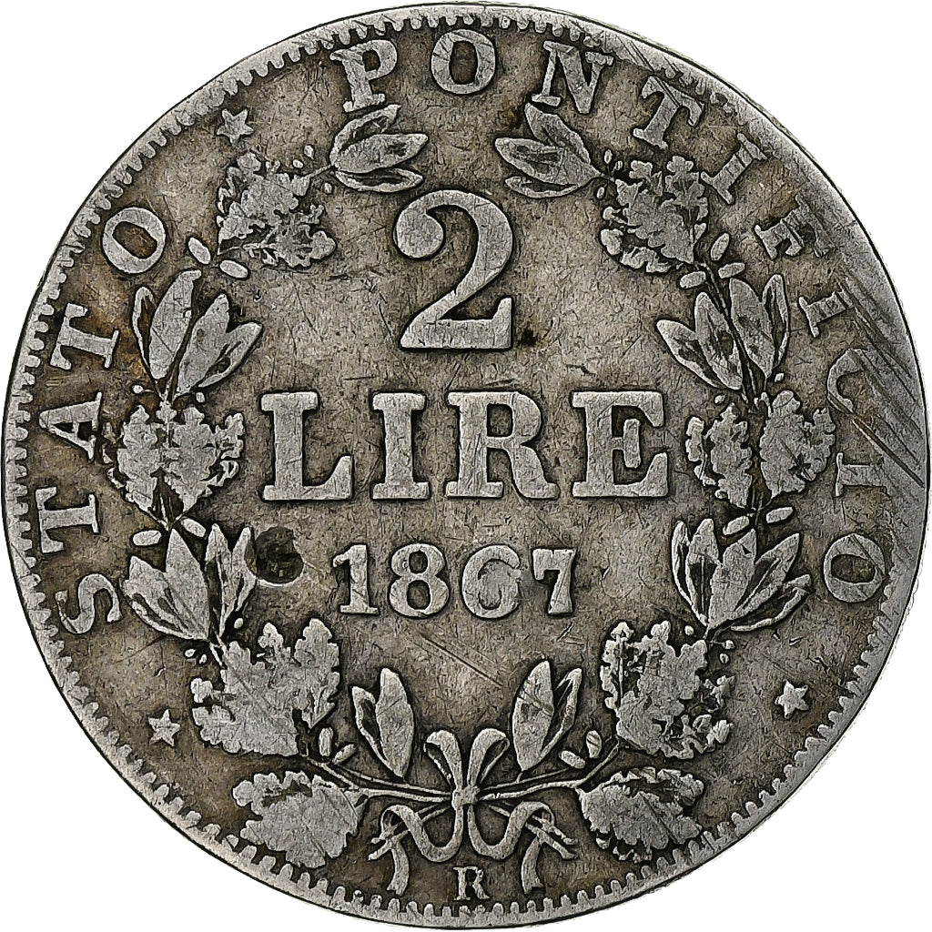 STATI ITALIANI, PAPAL STATES, Pius IX, 2 Lire, 1867, Rome, Argento, MB+