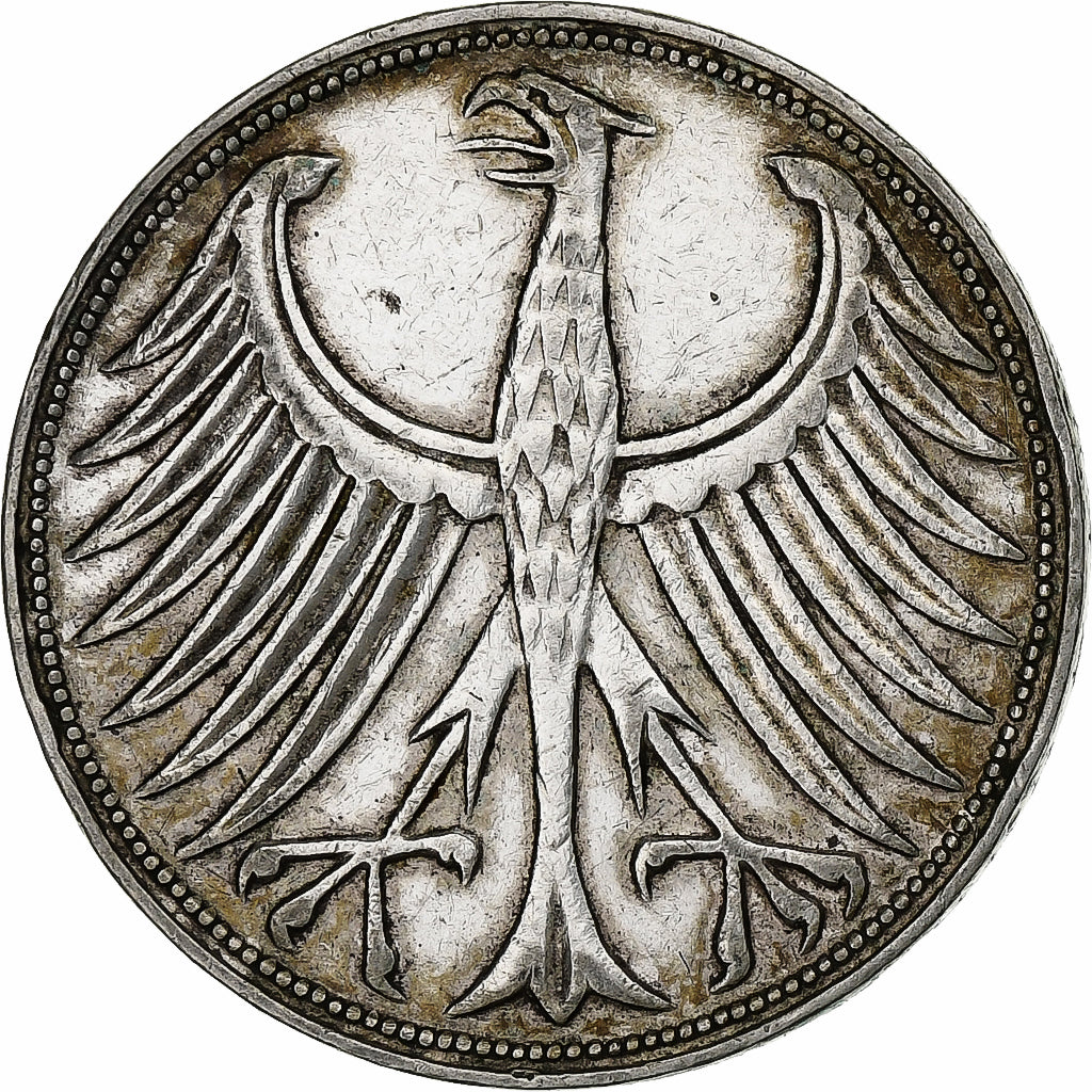 GERMANY - FEDERAL REPUBLIC, 5 Mark, 1958, Karlsruhe, Silver, EF(40-45), KM:112.1