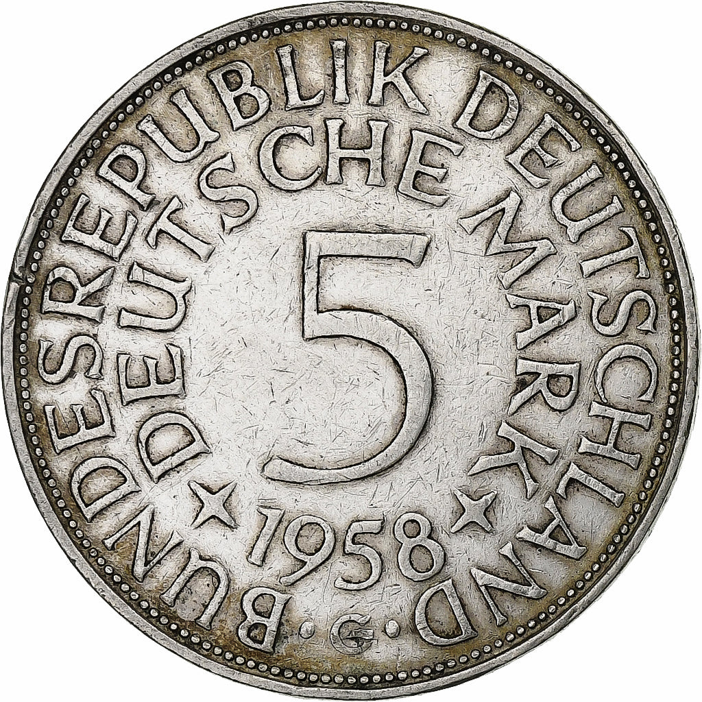 GERMANY - FEDERAL REPUBLIC, 5 Mark, 1958, Karlsruhe, Silver, EF(40-45), KM:112.1