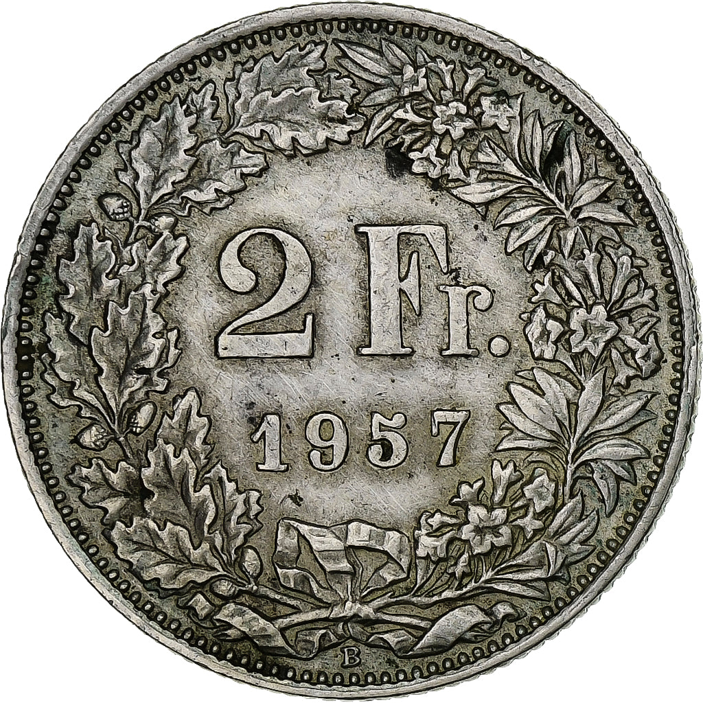 Switzerland, 2 Francs, 1957, Bern, Silver, AU(50-53), KM:21