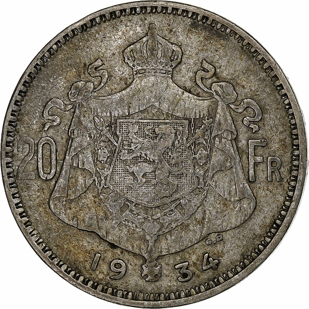 Belgium, Albert I, 20 Francs, 20 Frank, 1934, Silver, VF(30-35), KM:104.1