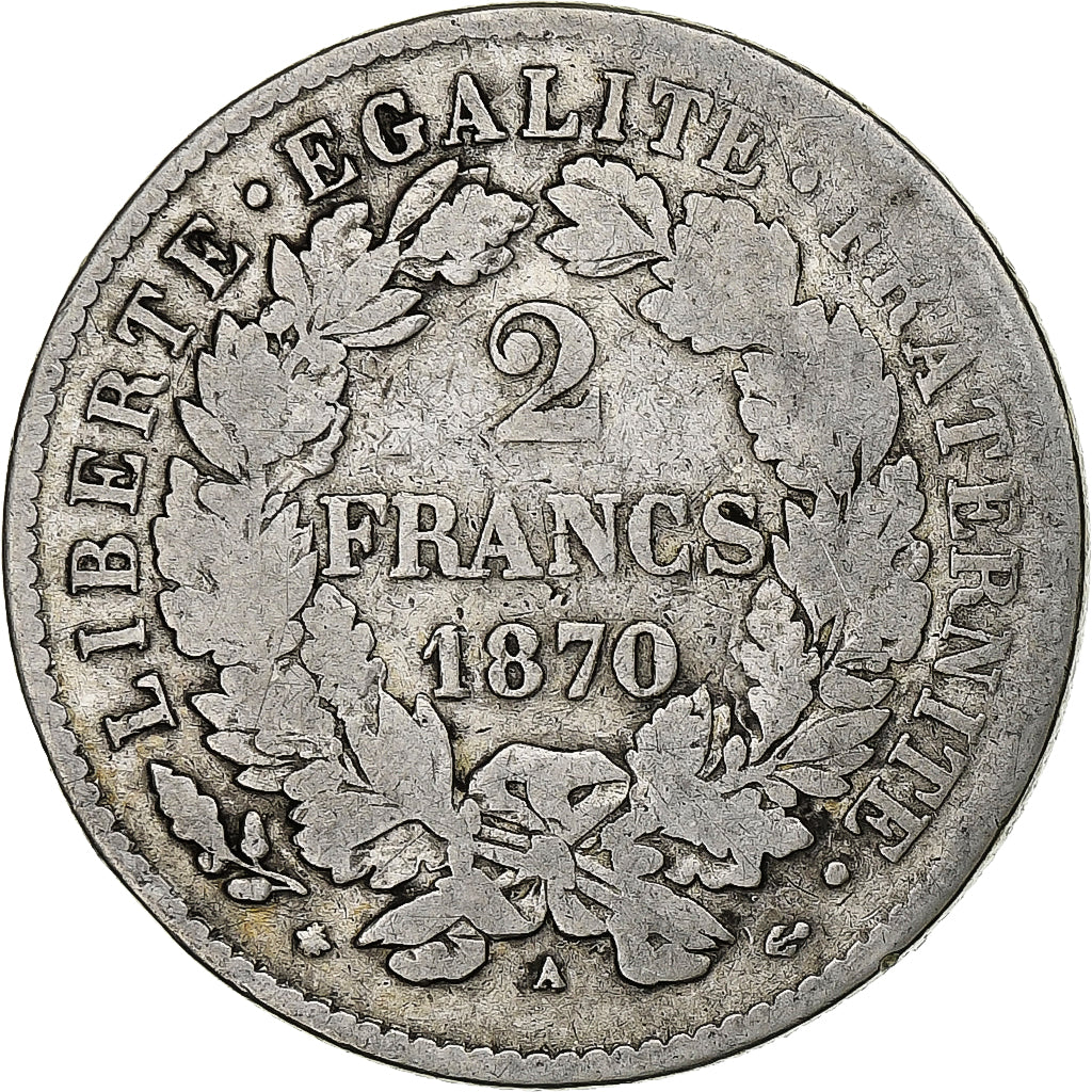 France, 2 Francs, Cérès, 1870, Paris, Argent, TB, Gadoury:530, KM:817.1