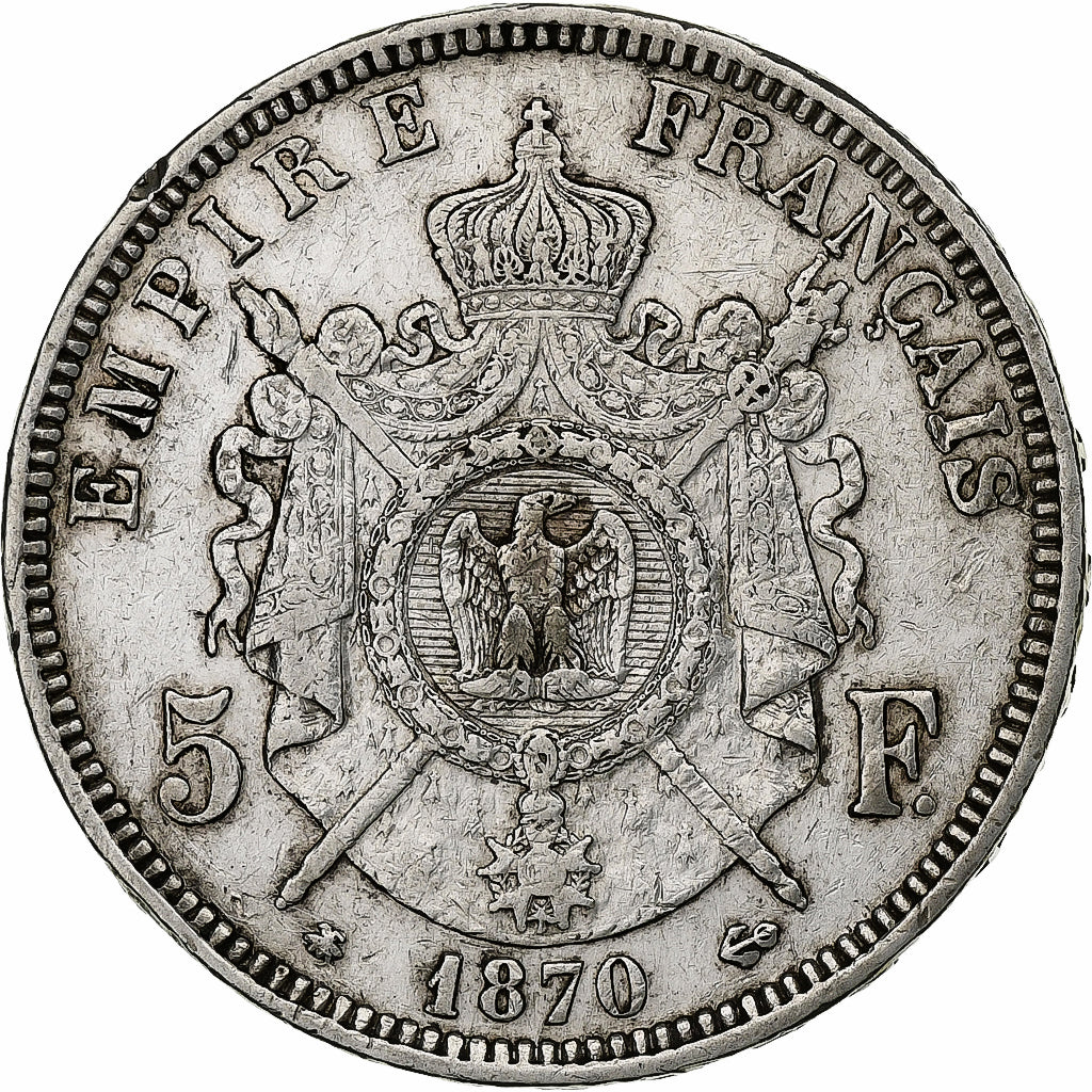 France, Napoleon III, 5 Francs, 1870, Paris, Silver, EF(40-45), Gadoury:739