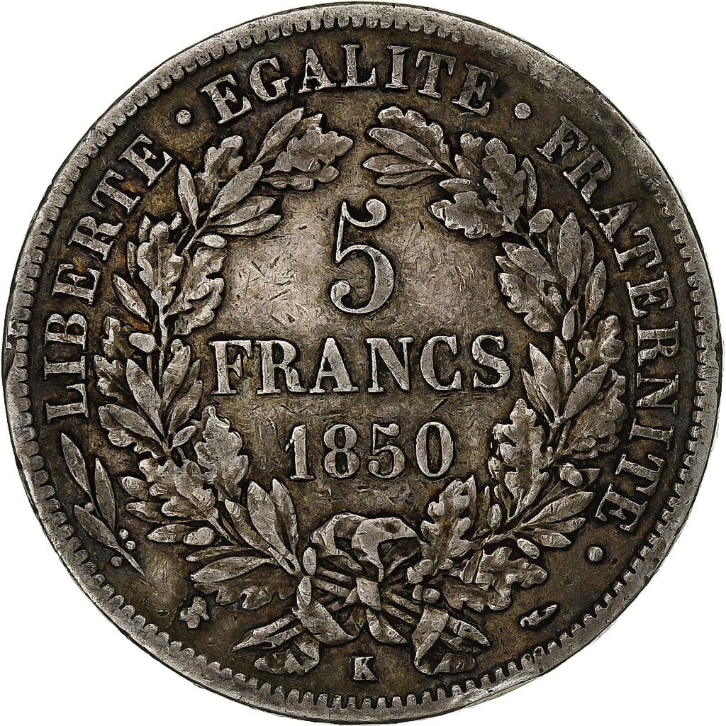 Francia, 5 Francs, Cérès, 1850, Bordeaux, Argento, MB+, Gadoury:719, KM:761.3