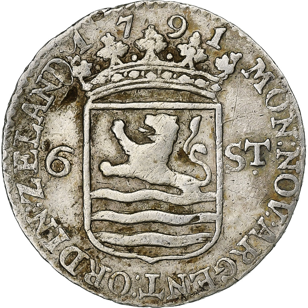 Netherlands, ZEELAND, 6 Stuivers, Scheepjesschelling, 1791, Silver, VF(30-35)