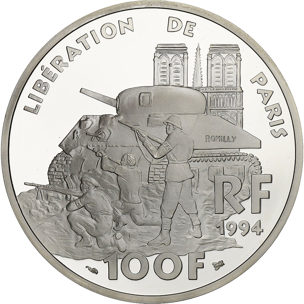 França, 100 Francs, Libération de Paris, 1994, Monnaie de Paris, Proof, Prata