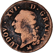 Francja, Louis XVI, Sol, 1791, Rouen, 2éme sem, Miedź, VF(20-25), Gadoury:350