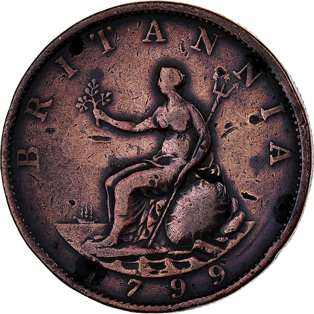Great Britain, George III, 1/2 Penny, 1799, Copper, VF(30-35), KM:647