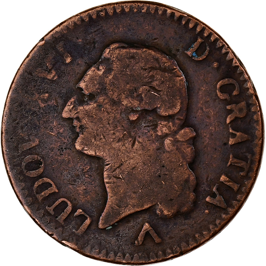 França, Louis XVI, Sol, 1781, Lille, 1er sem, Cobre, F(12-15), Gadoury:350