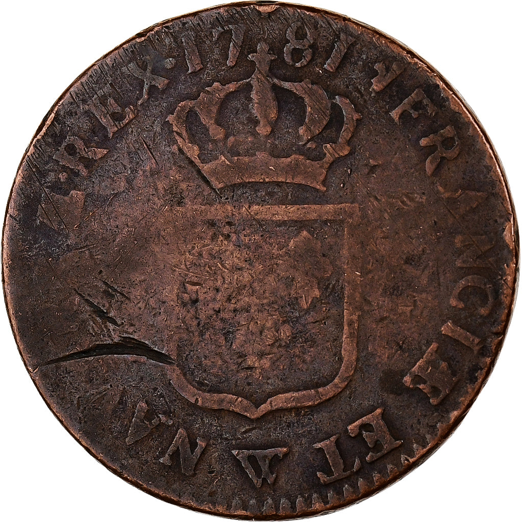 França, Louis XVI, Sol, 1781, Lille, 1er sem, Cobre, F(12-15), Gadoury:350