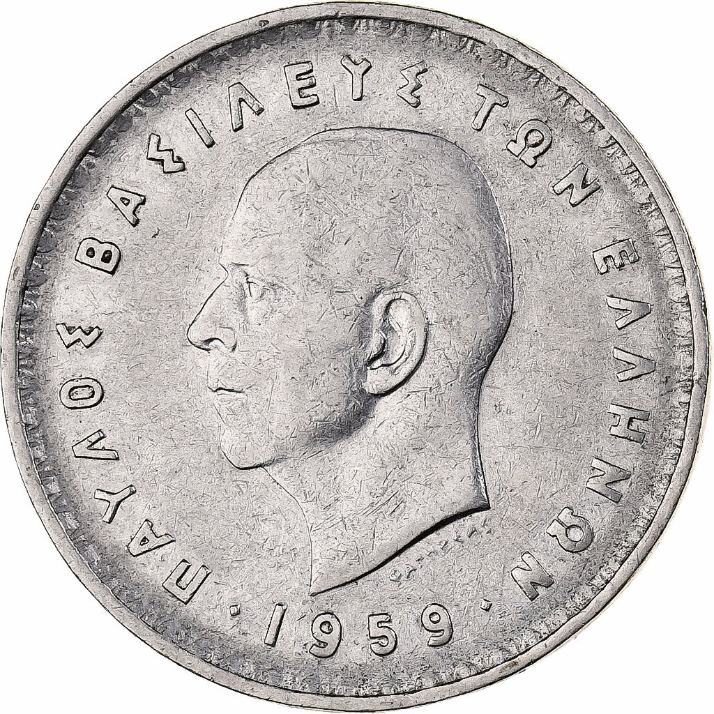 Grecia, Paul I, 10 Drachmai, 1959, Níquel, MBC, KM:84
