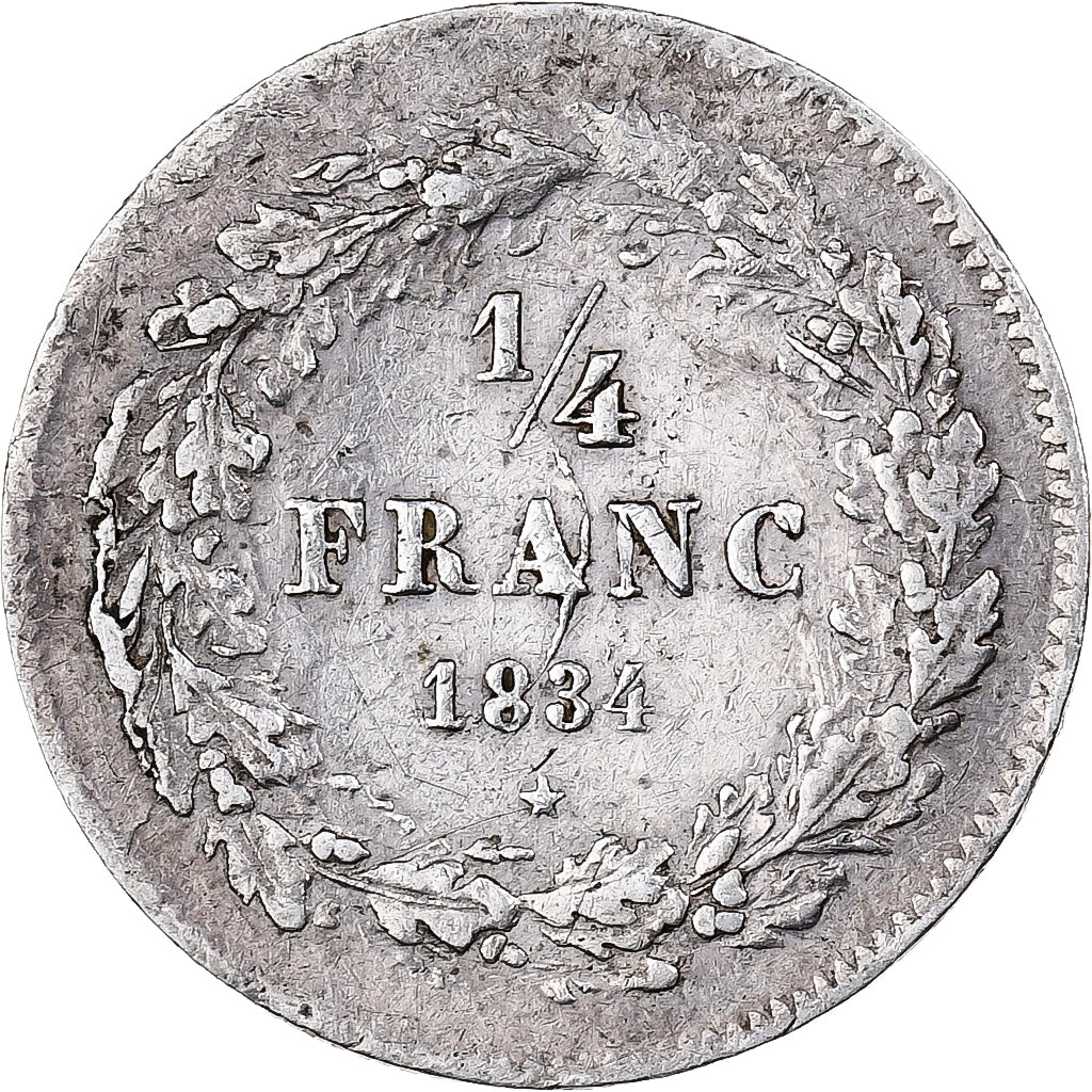 Belgium, Leopold I, 1/4 Franc, 1834, Silver, EF(40-45), KM:8