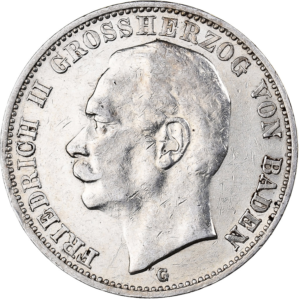 Estados alemanes, BADEN, Friedrich II, 3 Mark, 1910, Karlsruhe, Plata, MBC