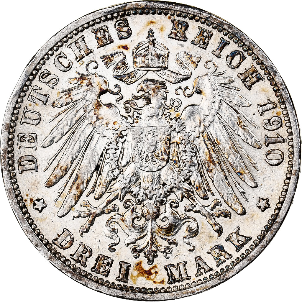 Estados alemanes, BADEN, Friedrich II, 3 Mark, 1910, Karlsruhe, Plata, MBC