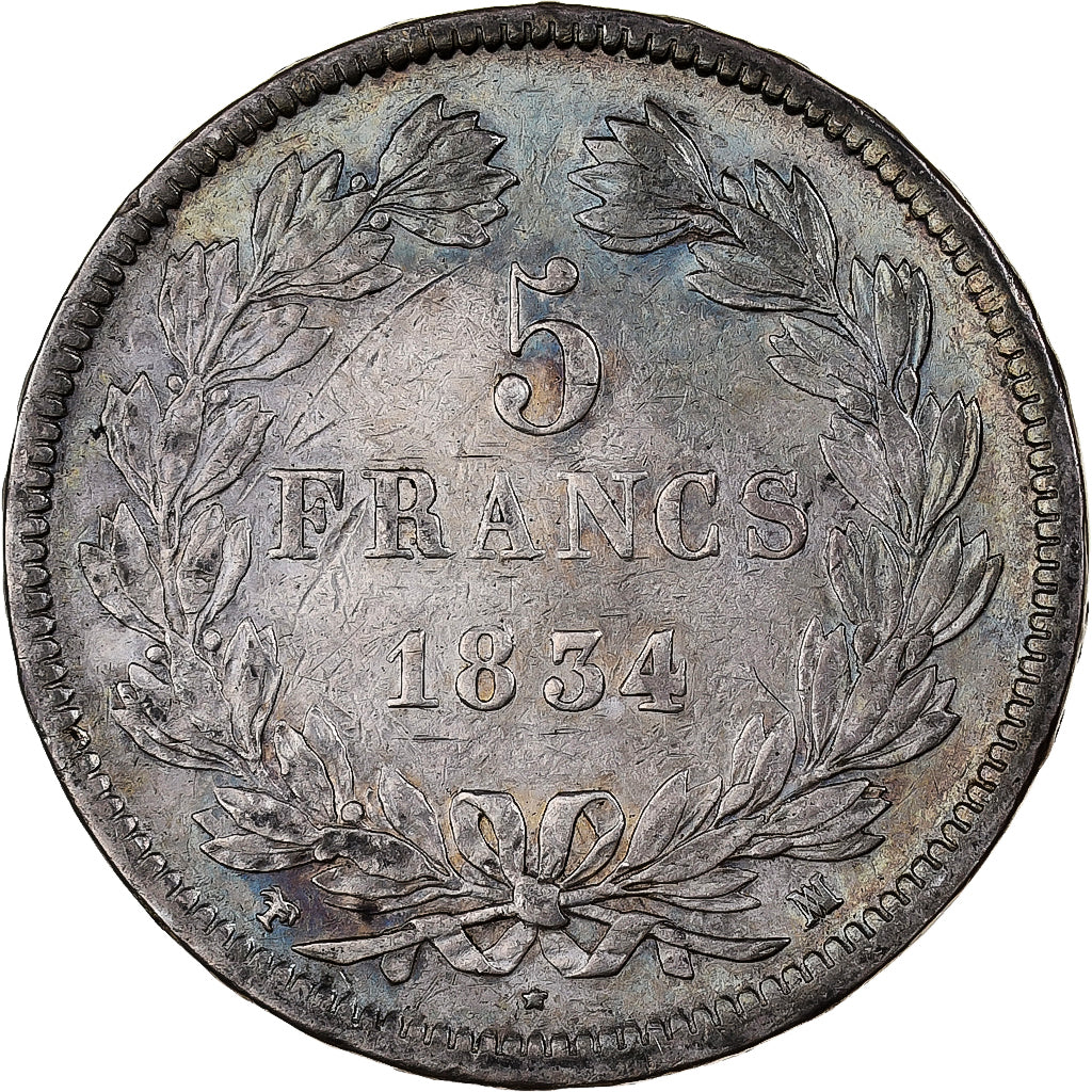 Frankrijk, 5 Francs, Louis-Philippe, 1834, Marseilles, Zilver, ZF, KM:749.10