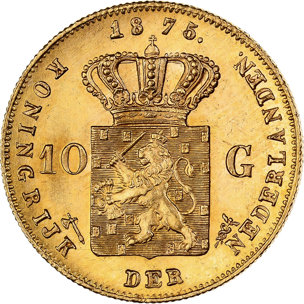 Netherlands, William III, 10 Gulden, 1875, Gold, MS(60-62), KM:105