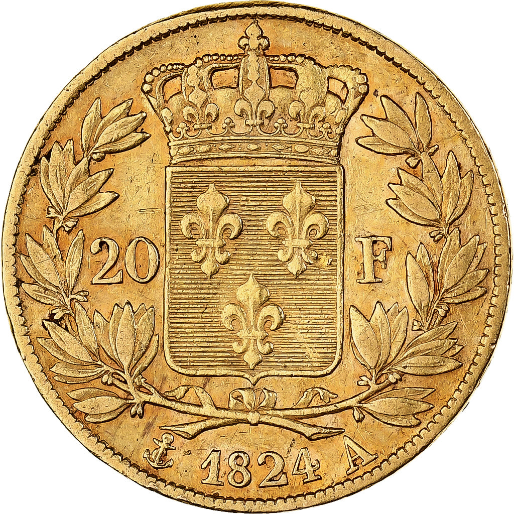 France, Louis XVIII, 20 Francs, 1824, Paris, Gold, VF(30-35), Gadoury:1028