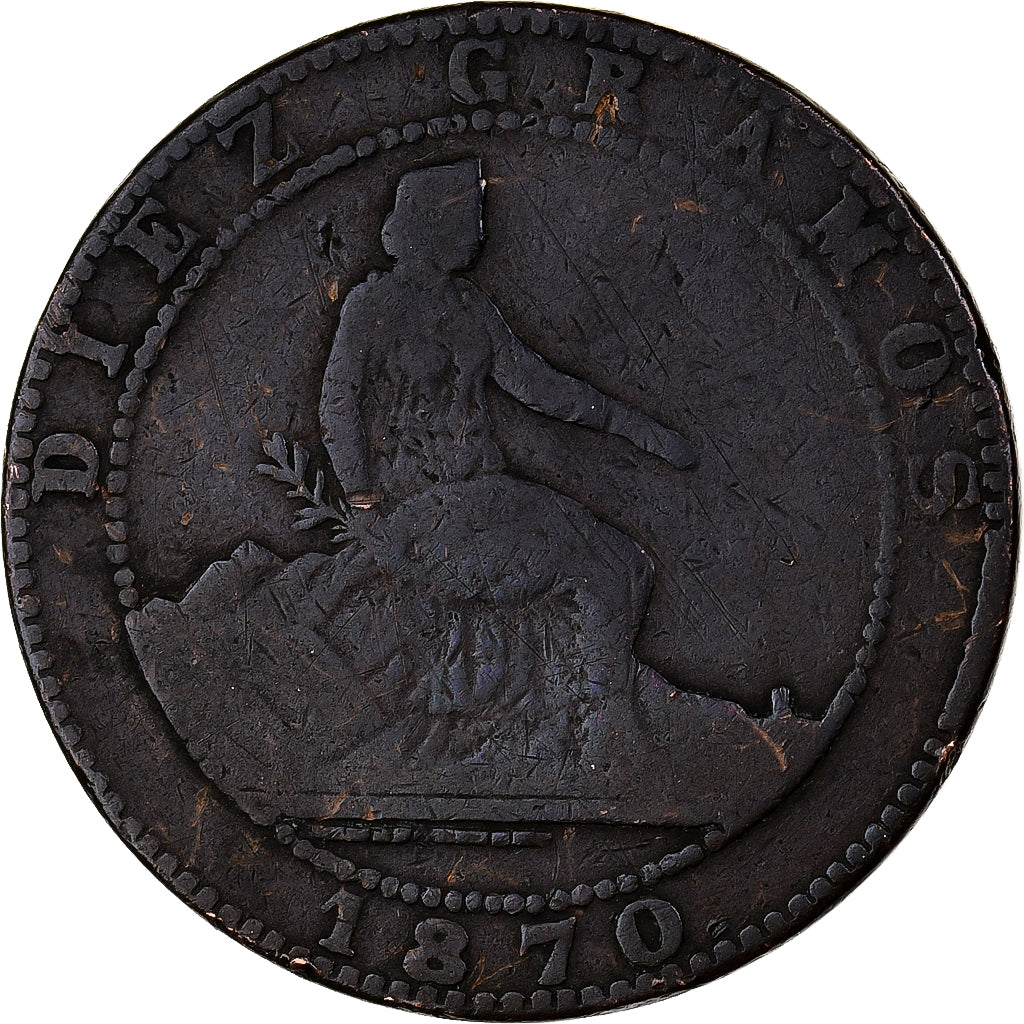 Spanien, Provisional Government, 10 Centimos, 1870, Madrid, Kupfer, SGE+, KM:663