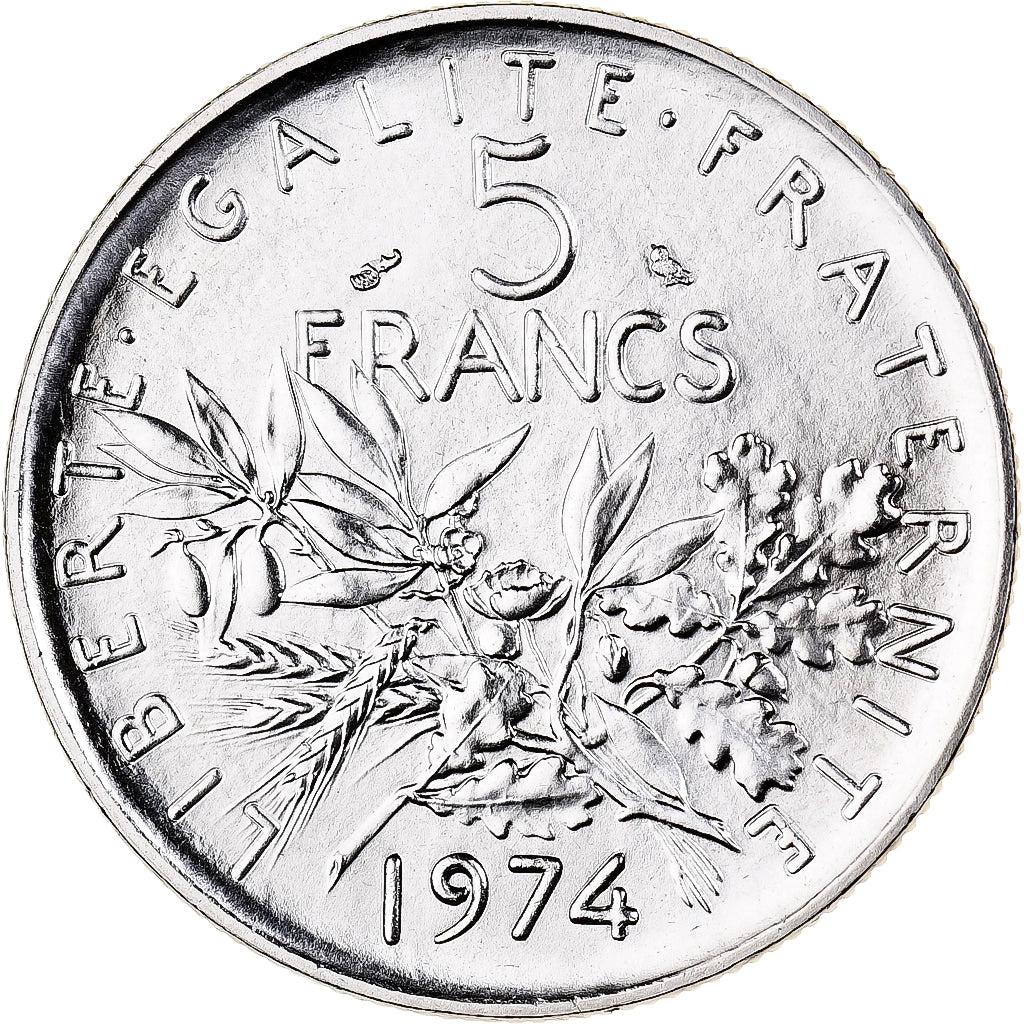 França, 5 Francs, Semeuse, 1974, Paris, BU, Cobre-Níquel Revestido a Níquel