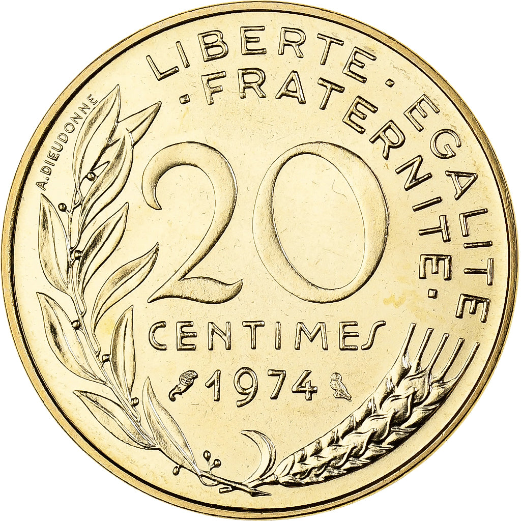 Francia, 20 Centimes, Marianne, 1974, Paris, Chouette, Alluminio-bronzo, FDC