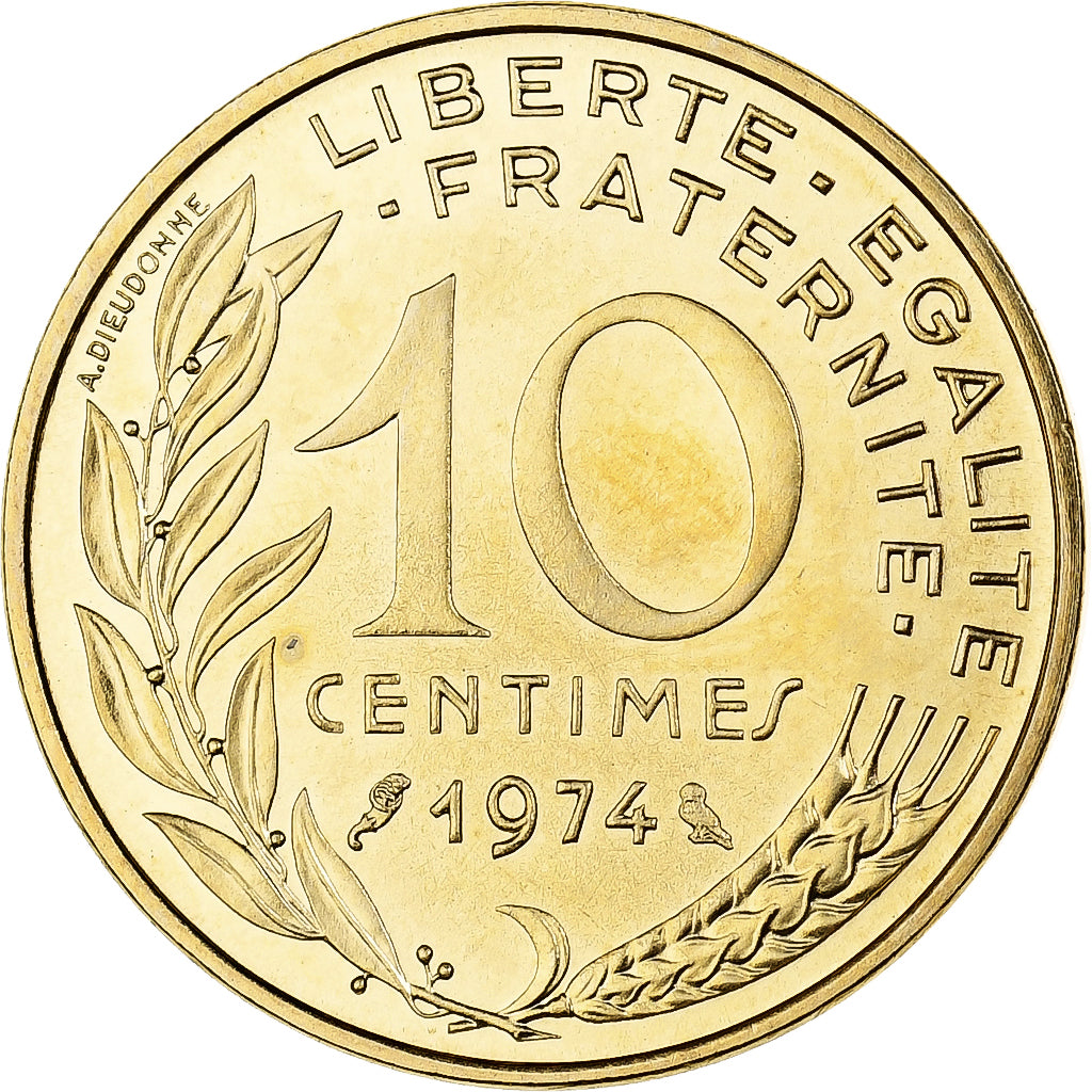 Francja, 10 Centimes, Marianne, 1974, Paris, Sowa, Aluminium-Brąz, MS(65-70)