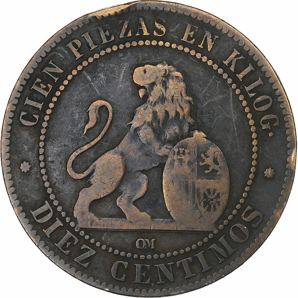 Spain, Provisional Government, 10 Centimos, 1870, Madrid, Copper, VF(20-25)