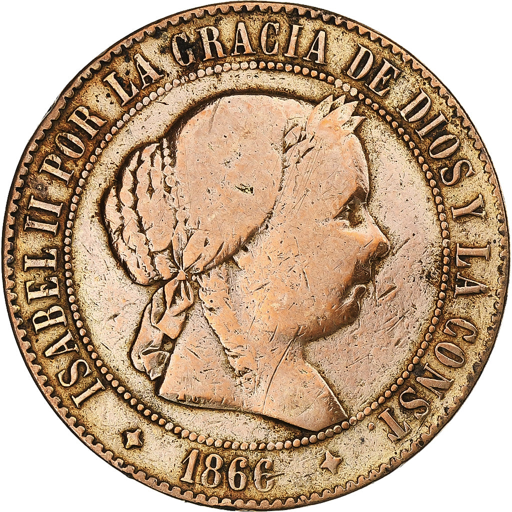Spain, Isabel II, 5 Centimos, 1866, Madrid, Copper, VF(20-25), KM:635.2
