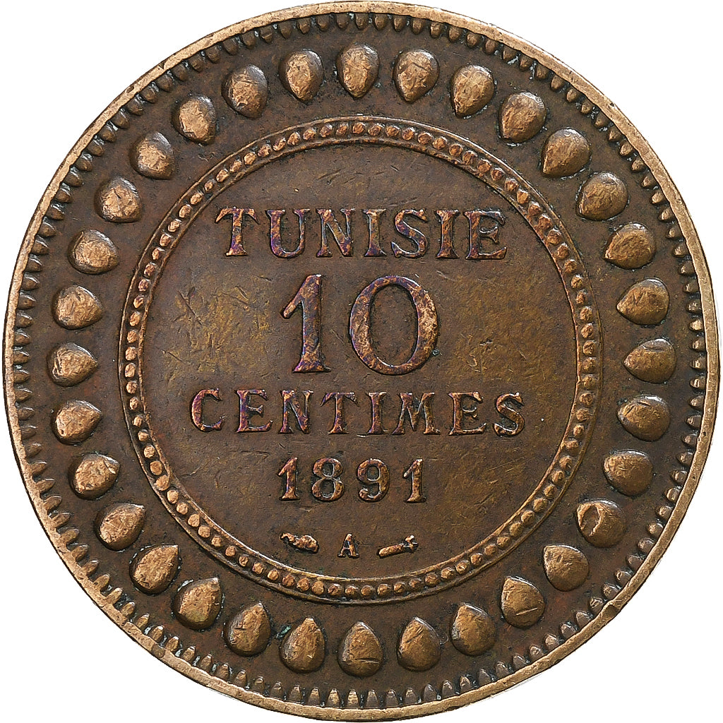 Tunisia, Ali Bey, 10 Centimes, 1891, Paris, Bronzo, BB, Lecompte:94, KM:222