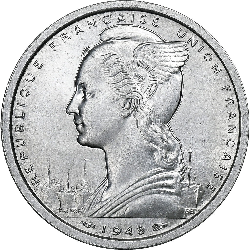 French Equatorial Africa, 2 Francs, 1948, Paris, Aluminum, AU(55-58)
