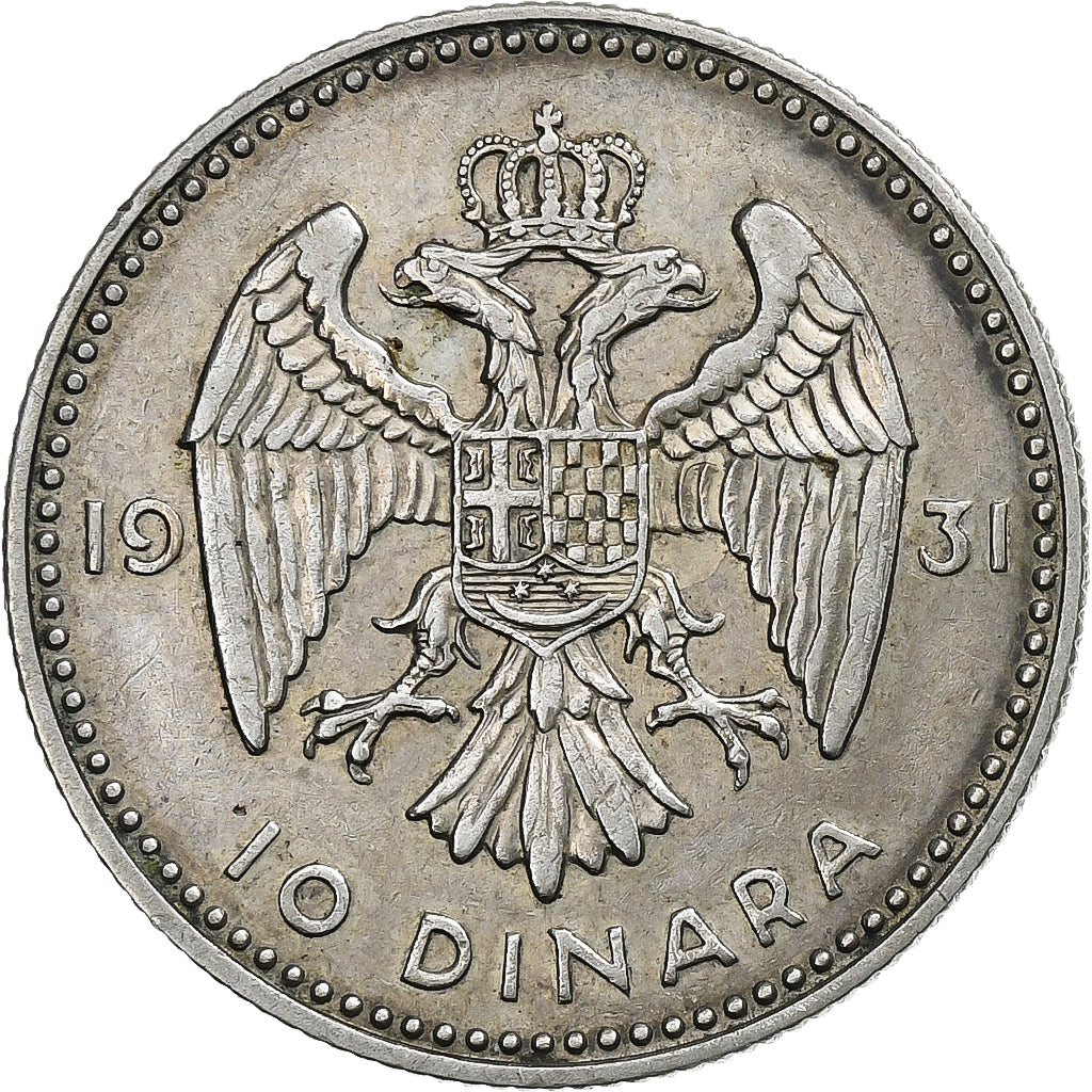 Yugoslavia, Alexander I, 10 Dinara, 1931, Silver, EF(40-45), KM:10