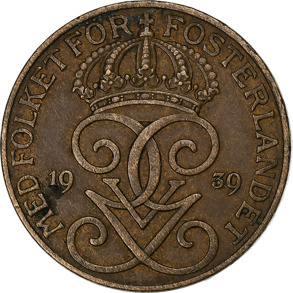 Zweden, Gustaf V, 5 Öre, 1939, Bronzen, ZF, KM:779.2