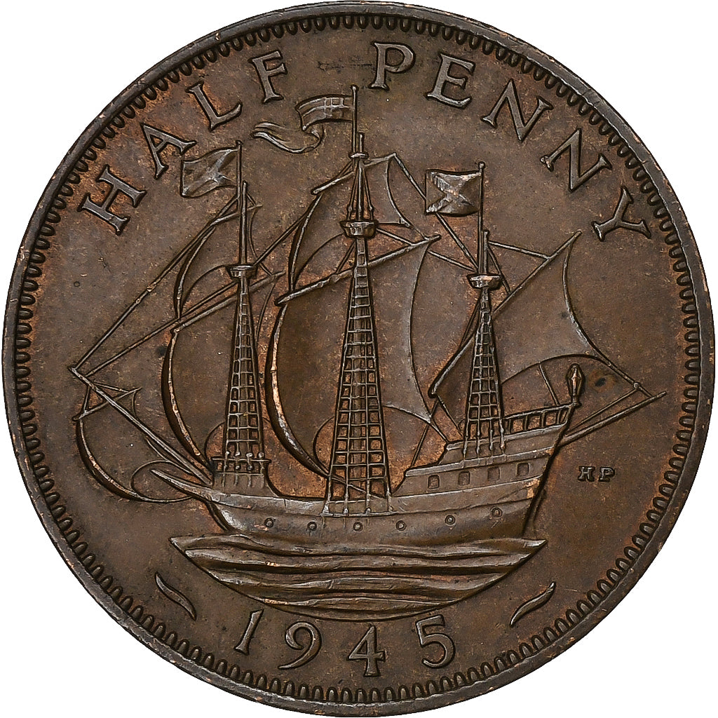Great Britain, George VI, 1/2 Penny, 1945, Bronze, AU(55-58), KM:844