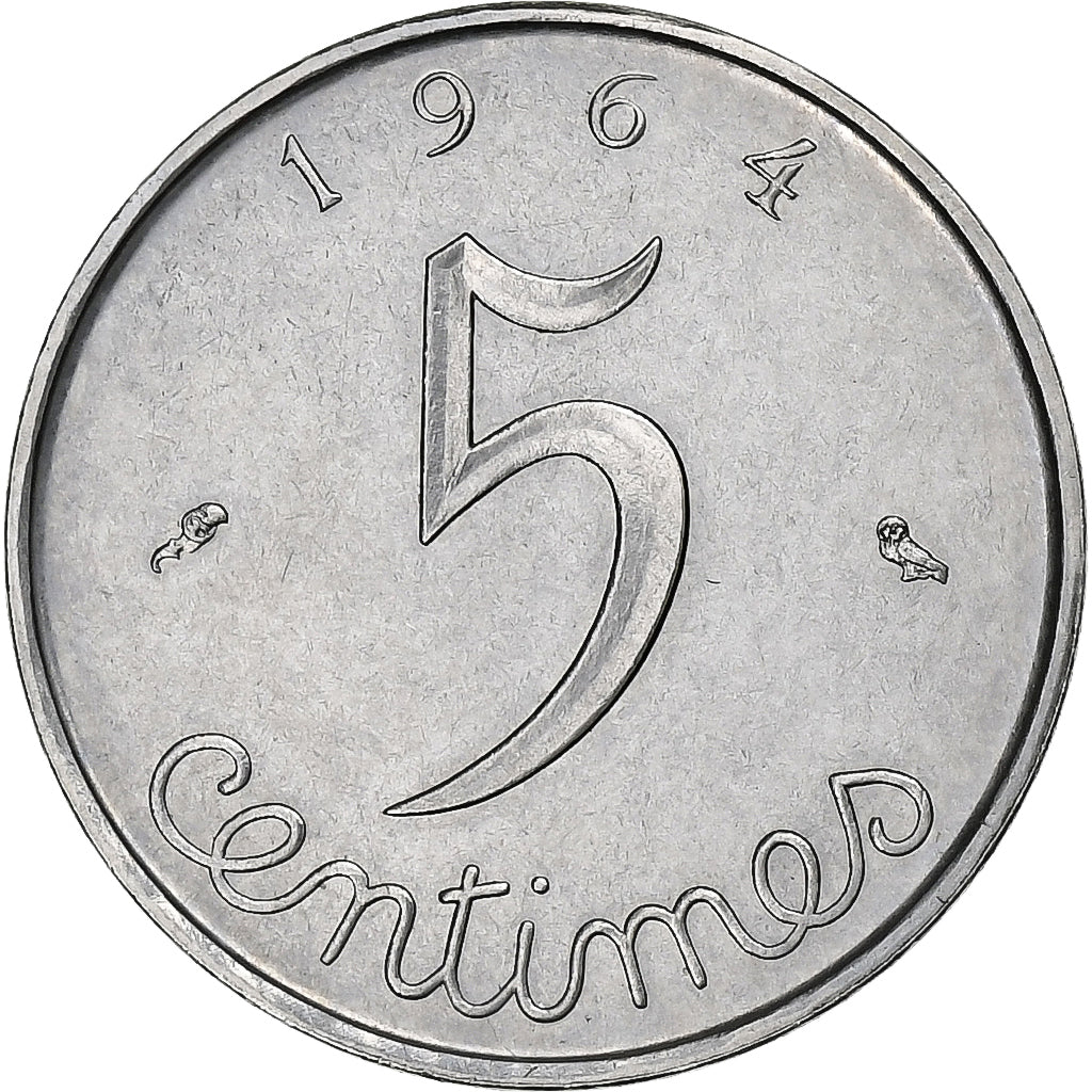 France, 5 Centimes, Épi, 1964, Paris, Stainless Steel, AU(55-58), Gadoury:172