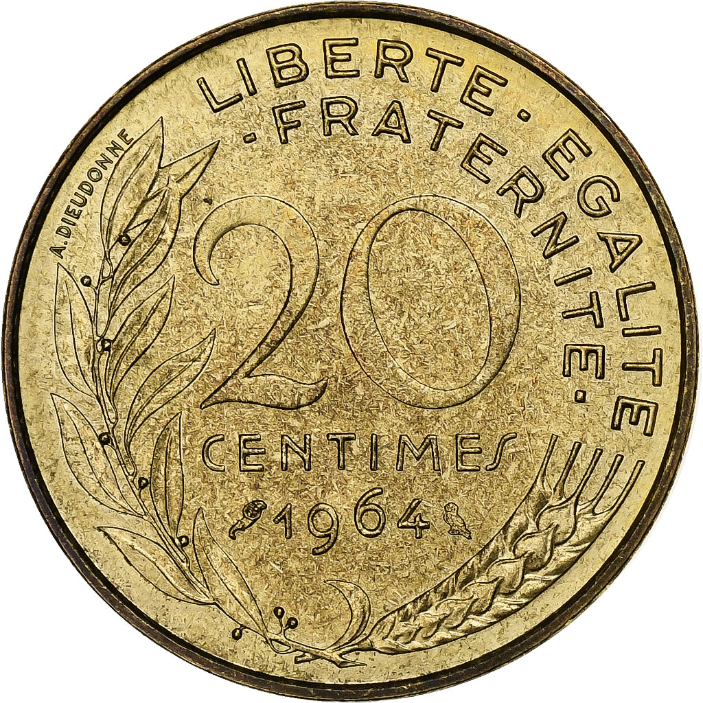 France, 20 Centimes, Marianne, 1964, Paris, Aluminum-Bronze, AU(55-58)