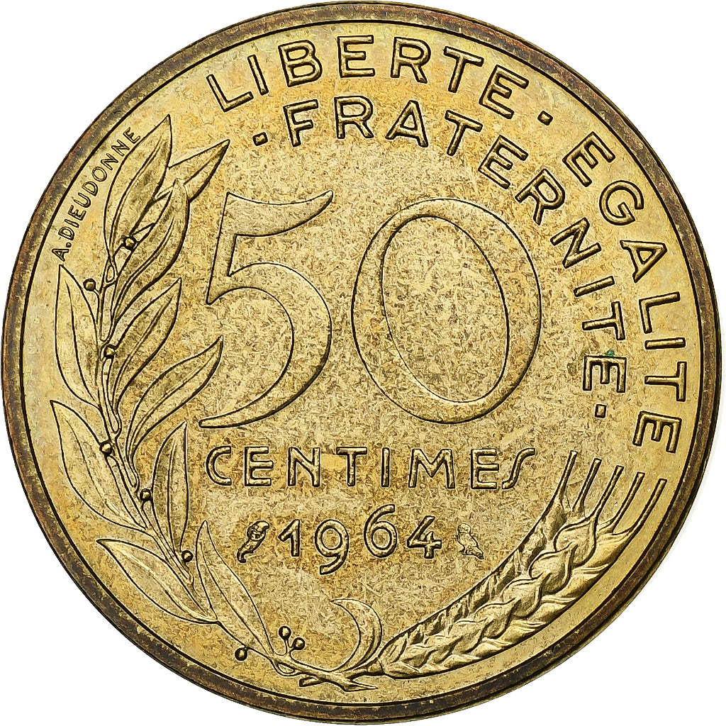 France, 50 Centimes, Marianne, 1964, Paris, Aluminum-Bronze, AU(55-58)