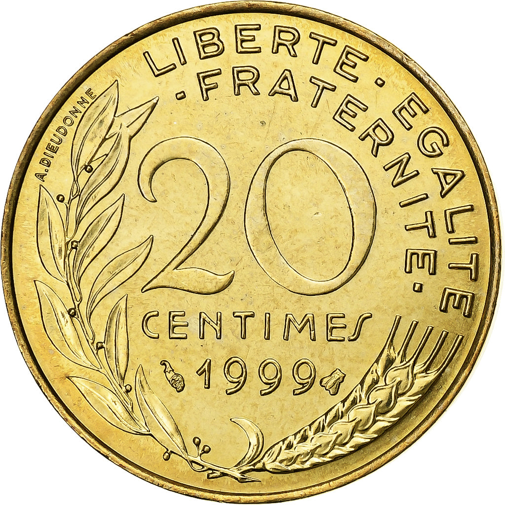 France, 20 Centimes, Marianne, 1999, Paris, BU, Aluminum-Bronze, MS(65-70)