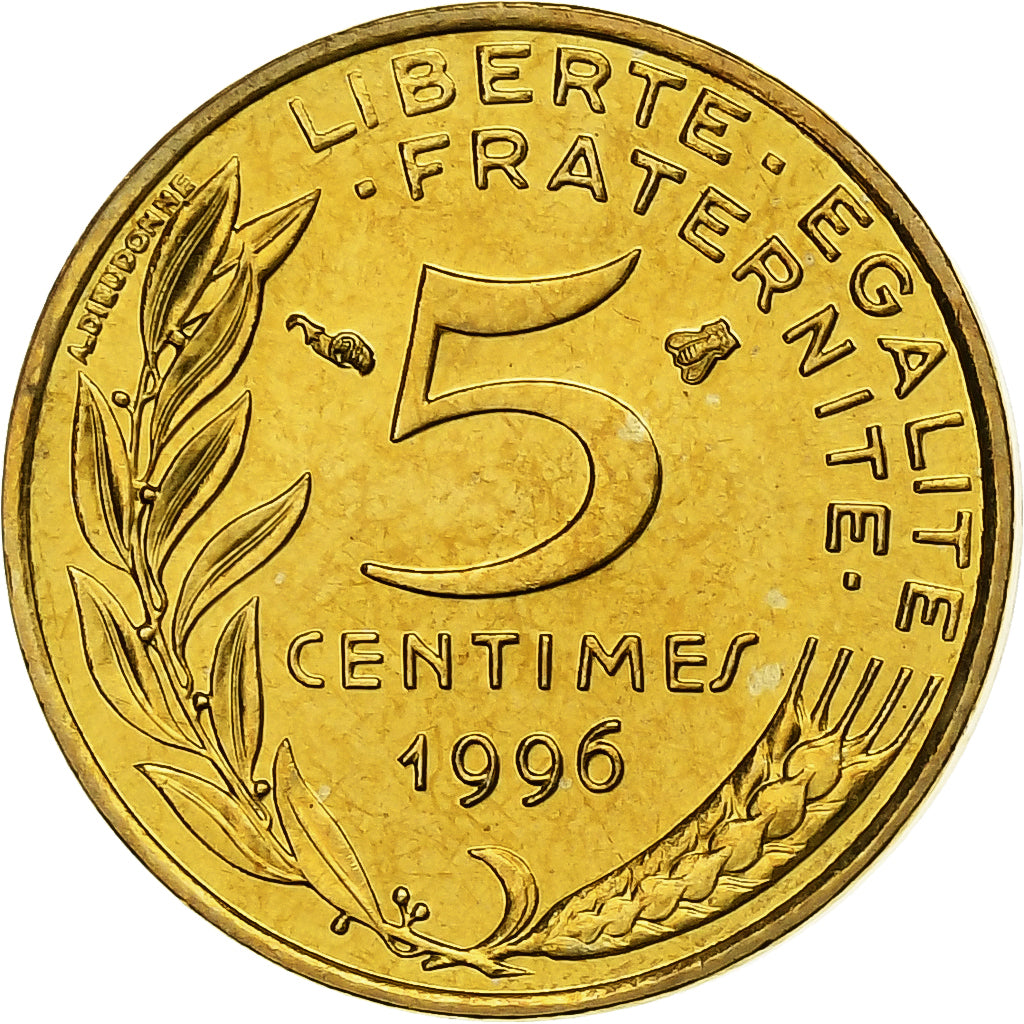 France, 5 Centimes, Marianne, 1996, Paris, BU, Aluminum-Bronze, MS(65-70)