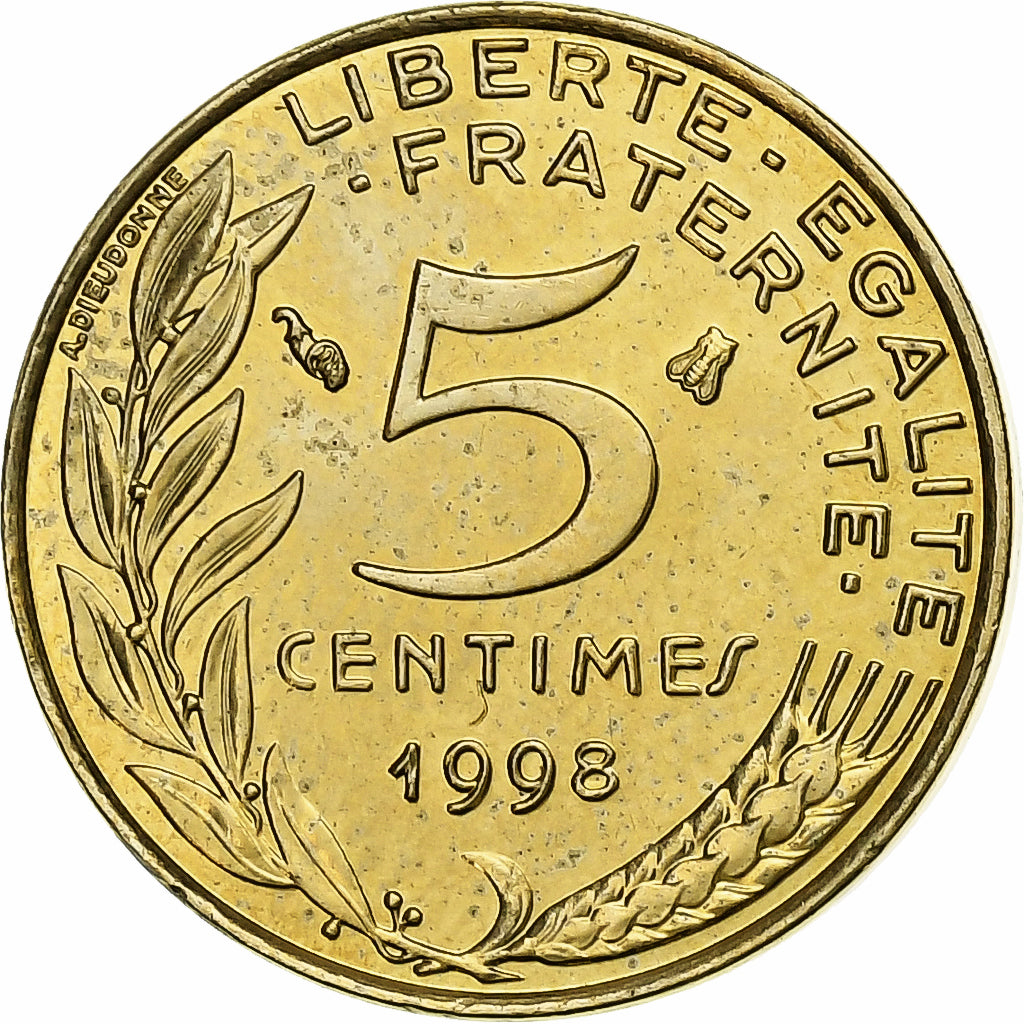 France, 5 Centimes, Marianne, 1998, Paris, BU, Aluminum-Bronze, MS(65-70)