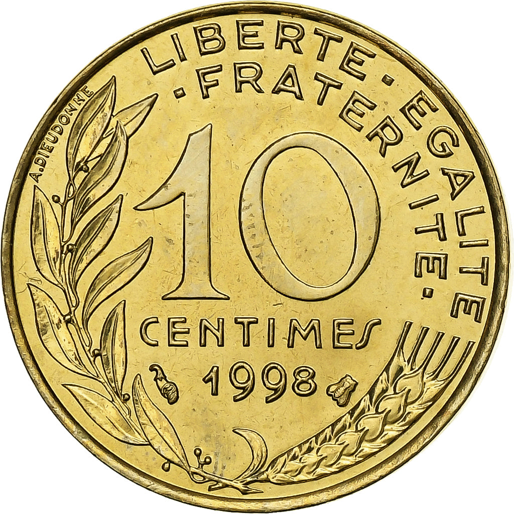 France, 10 Centimes, Marianne, 1998, Paris, BU, Aluminum-Bronze, MS(65-70)