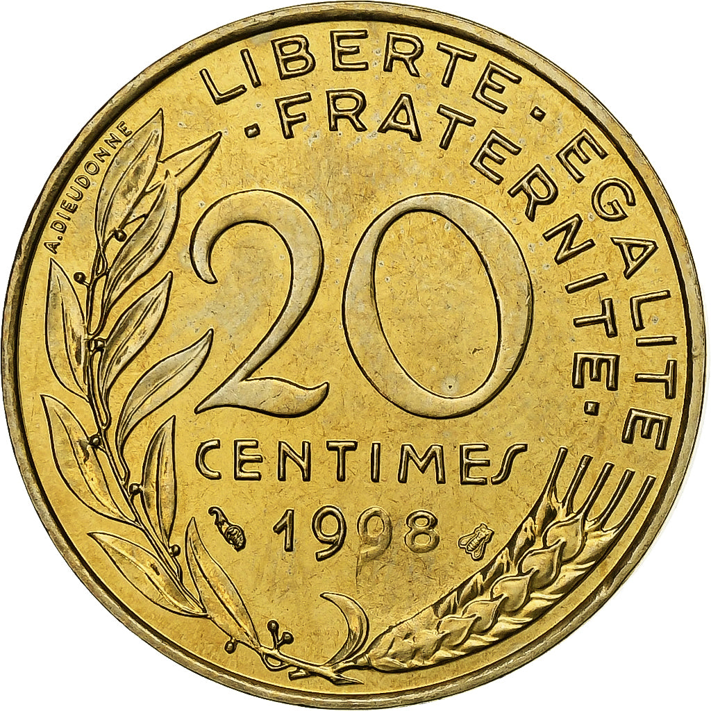 França, 20 Centimes, Marianne, 1998, Paris, BU, Alumínio-Bronze, MS(65-70)