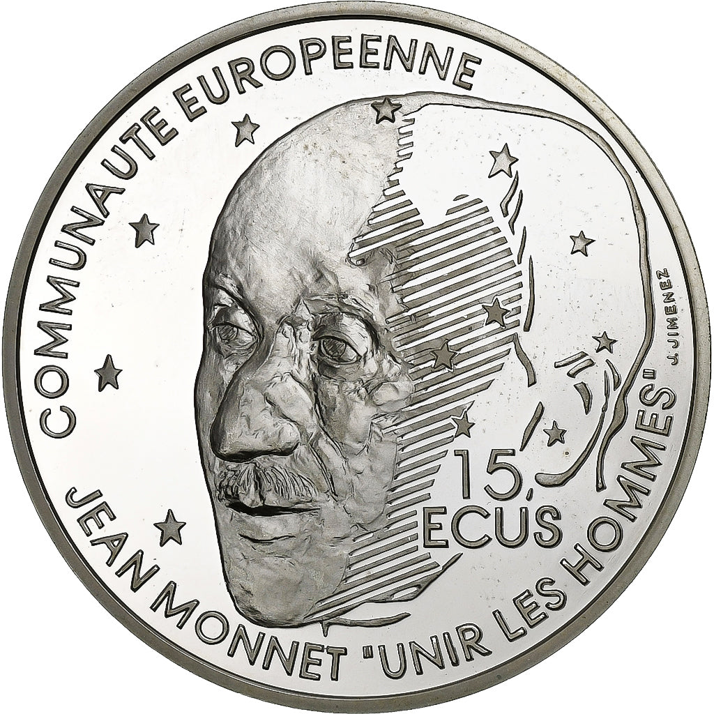 Frankrijk, 100 Francs-15 Ecus, Jean Monnet, 1992, Paris, BE, Zilver, PR+